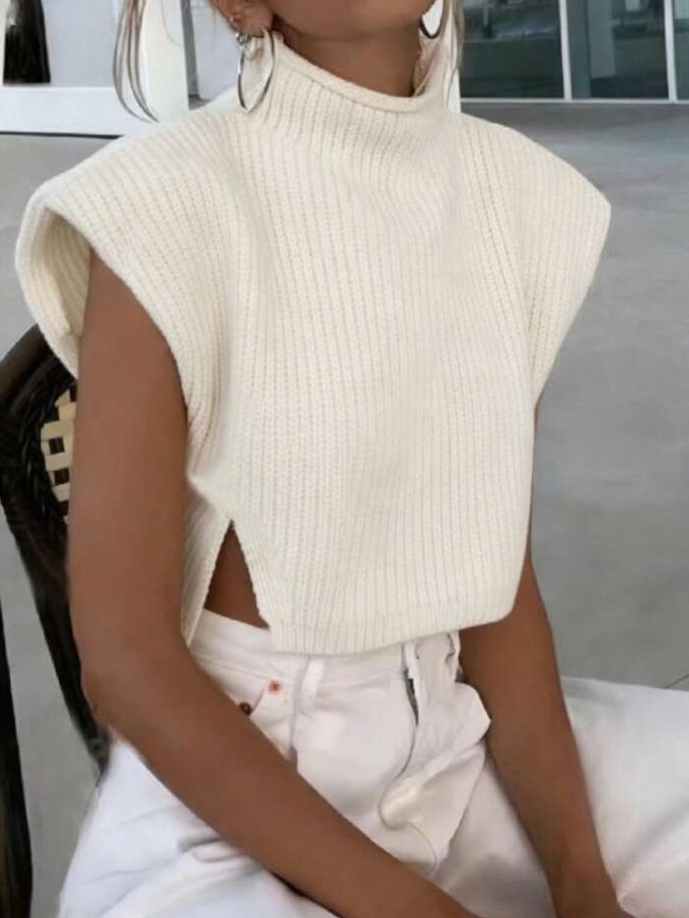 EMERY ROSE Women's Solid Color Stand Collar Ribbed Split Design Casual Sweater